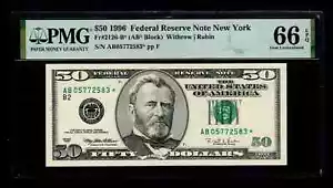 1996 $50 STAR Federal Reserve Note New York PMG GEM UNC 66 EPQ - Picture 1 of 2
