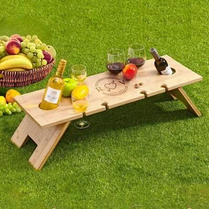 Engraved Foldable Bamboo 8 People Picnic Table & Wine Glasses - Picture 1 of 15