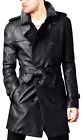 Men Leather Black Trench Coat Over Coat Soft Lambskin Long Coat Belted Gift New