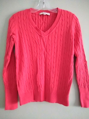 Suéter ANN TAYLOR LOFT Algodón Cuello en V Tejido con Cable ~ Coral ~ Talla Extra Pequeña Foto 1 de 4