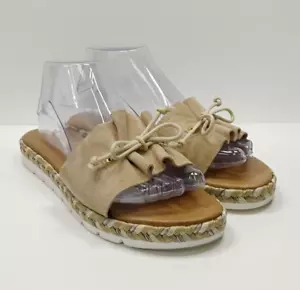 ANDRE ASSOUS Espadrille Slide Sandals Bow Metallic Beige Ruffle Suede Resort 8 - Picture 1 of 7