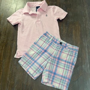 Janie and Jack Outfit Set Plaid Shorts Anchor Polo Shirt Pink Blue Size 3 AND 4 - Picture 1 of 4