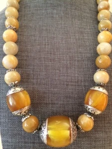 FASHION STATEMENT HANDMADE NECKLACE YELLOW AGATE AND TIBETAN AMBET CARVED CAPS - Picture 1 of 12