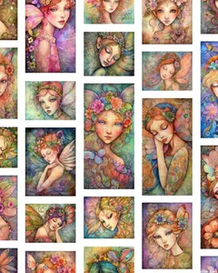 ENCHANTED FAIRY PORTRAIT PATCHES WHITE BY QT FANTASY FAIRIES FABRIC HALF YARD - Picture 1 of 3