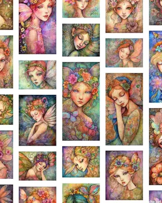 QUILTING TREASURES ENCHANTED FAIRY PORTRAIT PATCHES WHITE BY QT FANTASY FAIRIES FABRIC HALF YARD