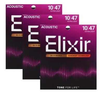 *3 SETS ELIXIR 11002 80/20  ACOUSTIC NANOWEB GUITAR STRINGS EXTRA LIGHT (10-47)* - Image 1 of 2