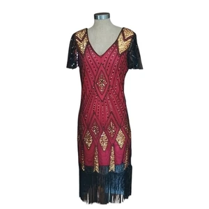 Fundaisy Dress Beaded Sequins Fringe Sleeveless Flapper Roaring 20s Red Stretch - Picture 1 of 12