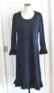 Vintage 70er 80er I Magnin marineblau Strick Mod U-Ausschnitt Rüschen Bündchen & Saum Kleid S M L gebraucht, in einwandfreiem Zustand - Bild 1 von 16