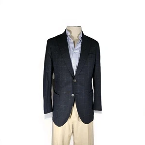 P Johnson Bespoke Navy Blue Window Pane Hopsack Wool Sport Coat 36 Made In Italy - Bild 1 von 7