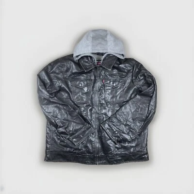 Levi's Vintage Cuero Chaqueta Talla L Negro Ciclista con Capucha Gris Libre Moto - Imagen 1 de 4
