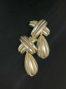 Tiffany & Co Large Sterling Silver 18k Gold Signature Clip On Dangle Earrings - Picture 1 of 5