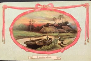 Eine Frage der Maut antike Postkarte Frau überquert den Fluss um 1910 - Bild 1 von 2