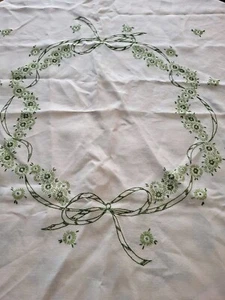 Vtge Beige Tablecloth Needlepoint Floral Wreath Apx 38" Square Scalloped Edges - Picture 1 of 11