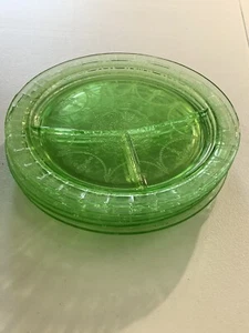 Set Of 5 Cameo Ballerina UV Reactive Green Depression Glass 10.5” Divided Plates - Picture 1 of 17
