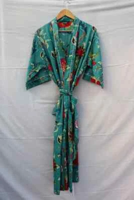 Batas de algodón con estampado floral verde indio kimono largo ropa de dormir kimono de noche Foto 1 de 4