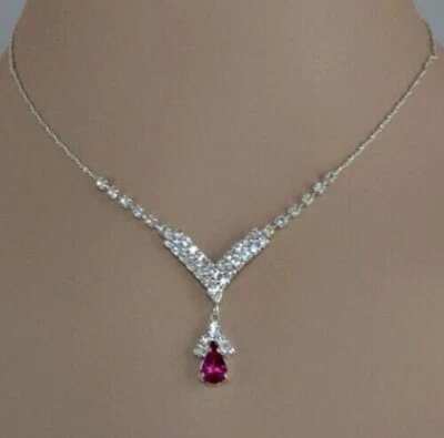 5Ct Pear Cut Lab Create Ruby Diamond Women Necklace Set 14K White Gold Finish - Image 1 of 4