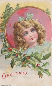 Christmas c.1909 - Blonde Girl Framed on Card - Holly - Used/Unposted - Picture 1 of 2