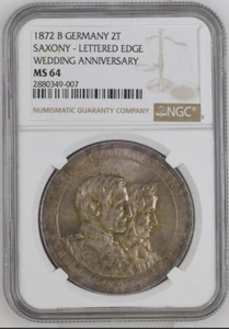 Germany Saxony 1872 Wedding 2 Thaler Taler NGC MS64 Silver Coin - Picture 1 of 2