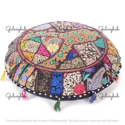 16X16 In Indian Handmade Cotton Pillow Cover Black Bohemian Floor Cushion Cover - Image 1 of 4