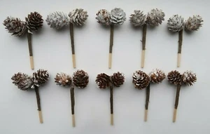 x10 Frosted Pine Cone Duo Pick 10 cm Christmas Wreath Decoration Florist Craft - Picture 1 of 5