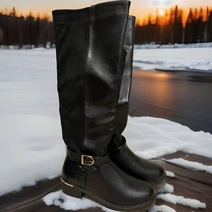 Schwarze knielange Stiefel im Schlangendesign. Größe 4 - Bild 1 von 6