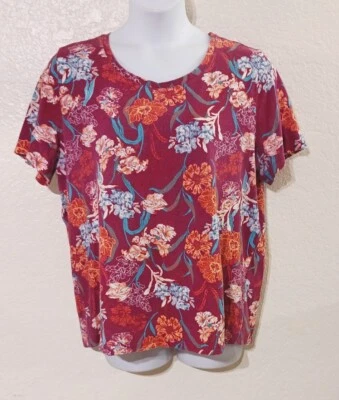 CORAL BAY*Rose Blue Peach Floral Top*Size 1X*Round neck*Short Sleeve - Image 1 of 4