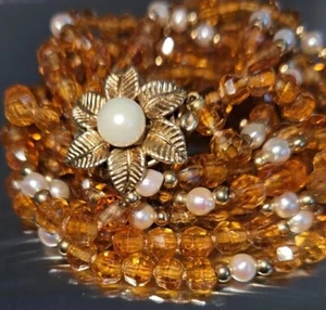 Vintage Multi Strand 14k Yellow Gold Flower Floral Clasp Citrine Pearl Necklace - Bild 1 von 12