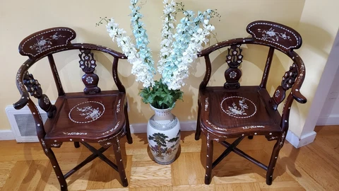 Chinese Asian Sytle Corner Rosewood Chair Set Of Two with Pearl Inlay Cover