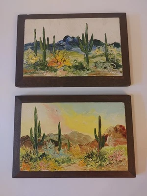 De colección DOS pinturas firmadas paisaje desierto México Suroeste panel madera cactus Foto 1 de 4