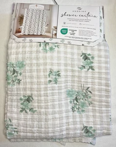 ANDRINA DUSCHVORHANG BAUMWOLLE GAZE HELLBRAUN KARIERT GRÜN BLUMEN 100 % BAUMWOLLE NEU IN VERPACKUNG - Bild 1 von 3
