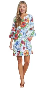 Multiples Neu mit Etikett buntes Druckkleid 2X Taschen Pullover 3/4 Volantärmel - Bild 1 von 11