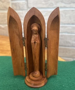 Vintage Miniature Virgin Mary In Handmade Wooden Case Statue 4” Tall - Picture 1 of 4