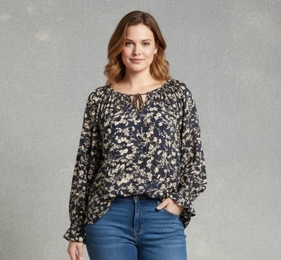 NUEVA Blusa Campesina Floral Talla Grande Chaps 2X Azul Marino Crema Manga Larga Top Boho Foto 1 de 4