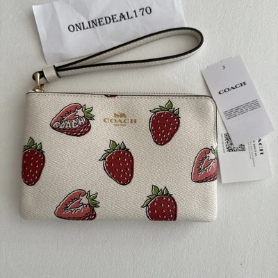 Coach Corner Zip Wristlet With Strawberry Print In Canvas/Chalk Multi CBB81 NWT - Image 1 of 4