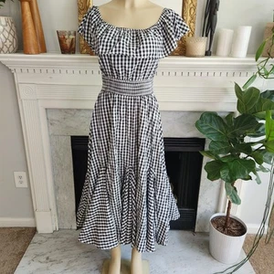 Black White Gingham Midi Dress Smocked Trumpet Hem Ruffle Cottagecore Sz S - Picture 1 of 11