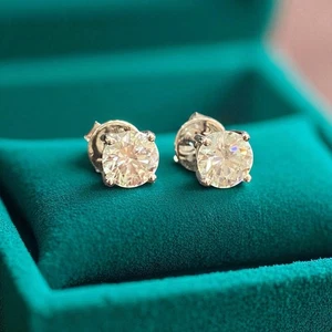 GIA Certified 1.80 Carats F/VS1 Natural Diamonds 4-Prong Stud Earrings 14K Gold - Picture 1 of 12