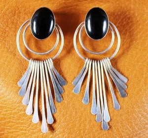 JML Signed Oval Black Onyx Fringe Dangle Statement Earrings Sterling Silver - Picture 1 of 6