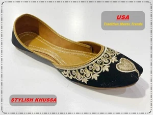 BLACK WOMEN HANDMADE FLAT JOTI LEATHER KHUSSA SHOE - Picture 1 of 5