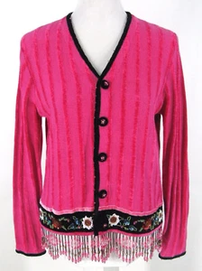 Berek 2 Takako Sakon Sweater Sz S Pink Chenille Bead Fringe Cardigan Small - Picture 1 of 8