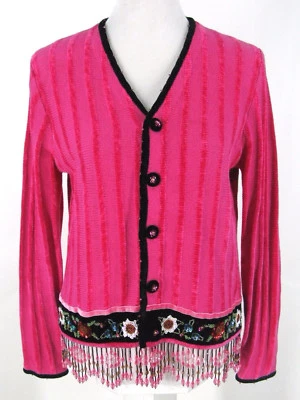 Berek 2 Takako Sakon Sweater Sz S Pink Chenille Bead Fringe Cardigan Small  - Imagem 1 de 4