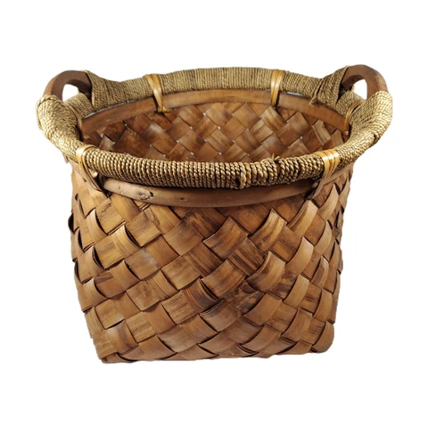 Vintage Handmade Rattan Wicker Natural Woven Fruit Basket With Handles 14x11 Cover