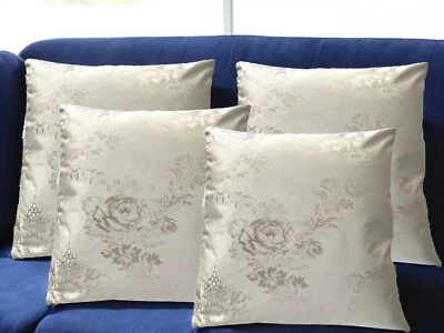 SET OF 4 CUSHION COVERS Cream Shimmer Floral Subtle Roses Jacquard 18x18" Zip - Image 1 of 4
