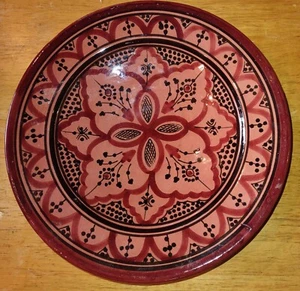Morroccan Bowl/Plate Red Clay Ceramic Hand Made Hand Painted 10" Signed Vintage - Picture 1 of 6