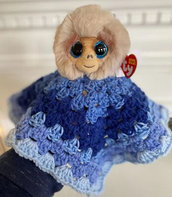 Manta de seguridad extraíble hecha a mano Lovey Monkey Crochet azul en blanco 12" Foto 1 de 2