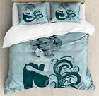 Dark Blue Duvet Cover Set with Pillow Shams Sleeping Mermaid Print