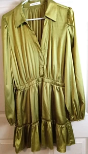 Senfkörner limettengrün seidig Bauern Fit & Flare Kleid Langarm Rüschen Gr. L - Bild 1 von 7