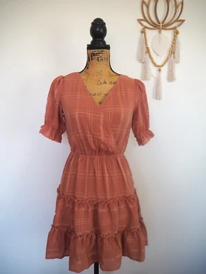 Terracotta Tiered Ruffle SS Windowpane Party Special Occasion Dress Sz Small NEW - Image 1 of 4