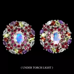 Orecchini In Argento Sterling 925 Ovali Con Opale Di Fuoco, Ametista E Peridoto - Foto 1 di 14