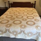 Vtg Hand Cross Stitched & Quilted Gold Brown Quilt 88”x74” Very Good Condition 