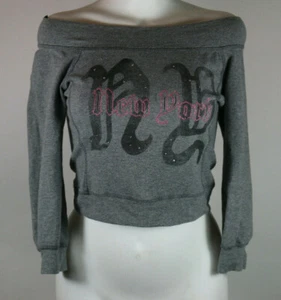 S BEBE Grey Off Shoulder Sweatshirt Activewear Dance NY Lounge Streetwear 0 2 - Picture 1 of 11